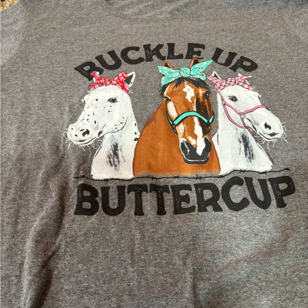 Unbranded  Womans T Shirt Buckle Up Buttercup large Gray Heavy Cotton